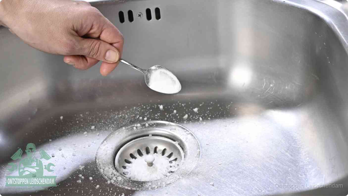 Een hand strooit met een lepel soda in de afvoer van een roestvrijstalen spoelbak, de soda en azijn huismiddel-methode om de afvoer te ontstoppen in Leidschendam