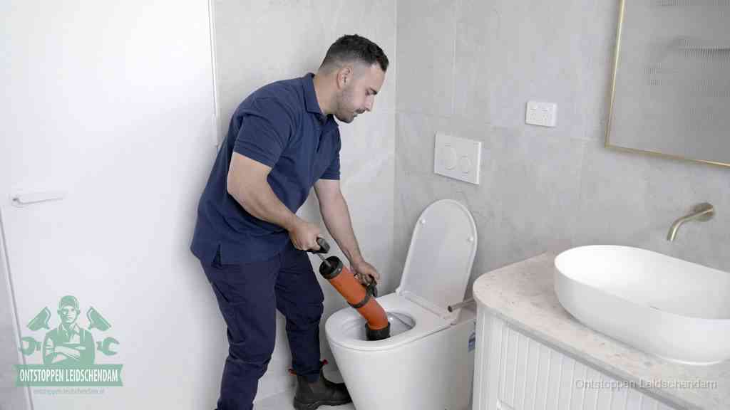 Een monteur gebruikt een handmatige perspomp (toiletontstopper) op een wandcloset tijdens het professioneel wc ontstoppen in Leidschendam